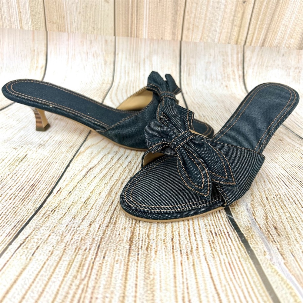 Women Denim Bow Mule Kitten Heel Sandals Open Toe Blue Size 10M Y2K Minimalist